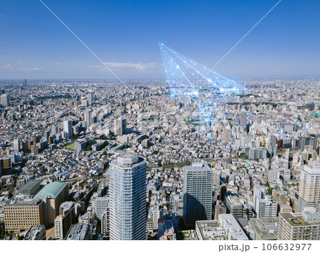 東京の都市景観と飛翔する青いデジタルな紙飛行機 東京の都市景観と飛翔する青いデジタルな紙飛行機 106632977