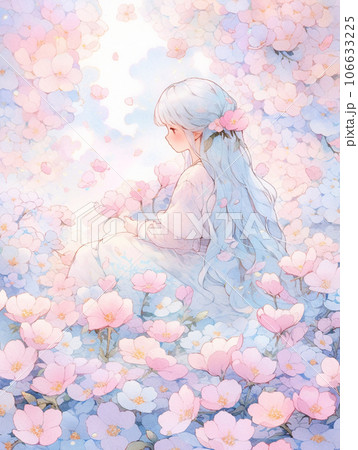 ピンクのお花に囲まれた少女のイラスト素材 [106633225] - PIXTA