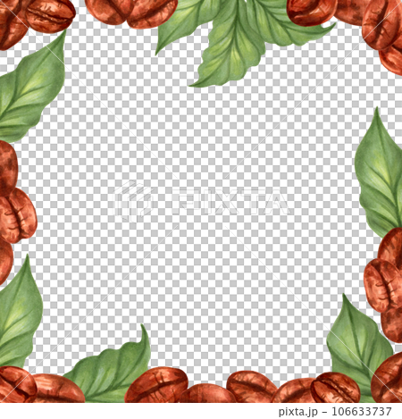 Square frame made of coffee beans and leaves. The aroma of Robusta and Arabica varieties. International Coffee Day. Cappuccino, mocha, espresso, latte, chocolate ingredient.Hand drawn isolated art 106633737