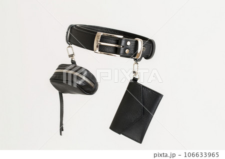 Black leather strap with card wallet and headphone pouch Black leather strap with card wallet and headphone pouch 106633965