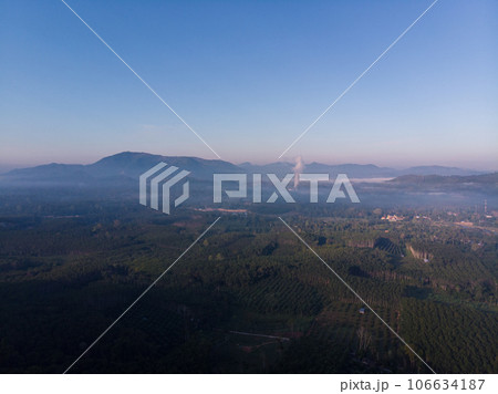 Aerial view mountain sunrise with fog sunrise light morning Aerial view mountain sunrise with fog sunrise light morning 106634187