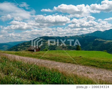 Old authentic wood house Carpathian mountains Ukraine, Europe. Local countryside travel hiking forest trails Cottagecore 106634314