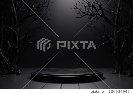 Black podium shelf or empty pedestal display with pumpkins, spiders, bats on dark Halloween background. Blank stand for showing product. Happy halloween banner mockup. 3D rendering. 106634943