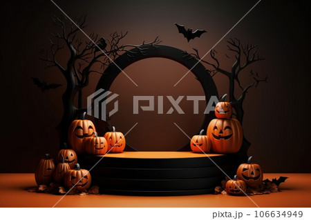 Black podium shelf or empty pedestal display with pumpkins, spiders, bats on dark Halloween background. Blank stand for showing product. Happy halloween banner mockup. 3D rendering. Black podium shelf or empty pedestal display with pumpkins, spiders, bats on dark Halloween background. Blank stand for showing product. Happy halloween banner mockup. 3D rendering. 106634949