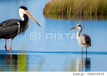Black stork and Grey heron in the water. Generative AI 106635630