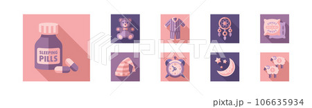 Sleep Time Flat Icons and Object in Square Shape Vector Set Sleep Time Flat Icons and Object in Square Shape Vector Set 106635934