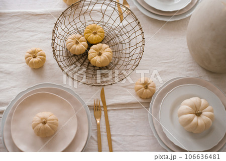 Autumn table setting with pumpkins. Decor about Thanksgiving 106636481