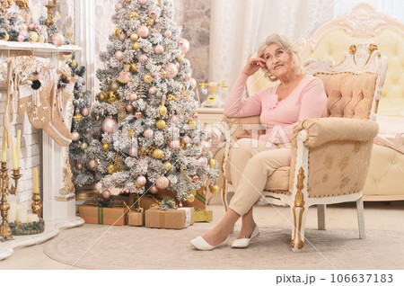 Elderly woman in a room with New Year's decor 106637183