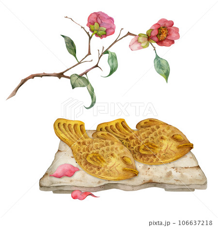 Watercolor hand drawn traditional Japanese sweets. Ceramic dish, taiyaki, winter camellia flowers. Isolated on white background. Design for invitations, restaurant menu, greeting cards, print, textile 106637218