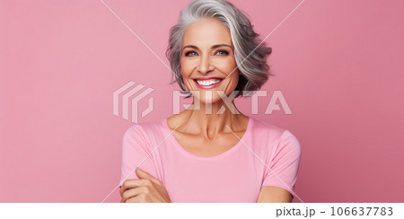 Smiling beautiful Scandinavian woman on pink background. 106637783