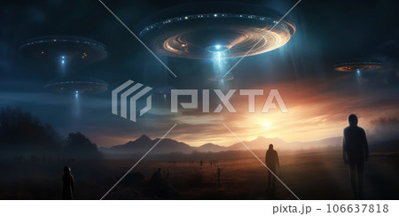 Night photo of UFO - alien spaceship at night. 106637818