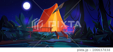 Camp tent in summer night tropic palm tree forest Camp tent in summer night tropic palm tree forest 106637838