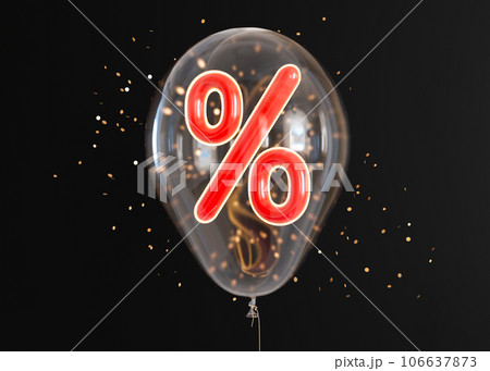 Transparent balloon with red discount sign inside and confetti on black background. Percent symbol. Sale, special offer, good price, deal, shopping. Sale off promotion. Percentage. Black Friday. 3D. 106637873