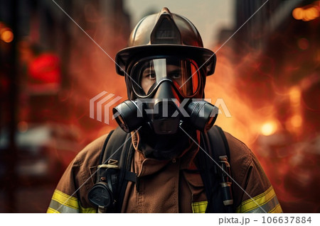 Portrait of a firefighter in safety uniform, helmet and cas mask. 106637884