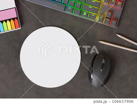 Blank and white, round computer mouse pad on the desk at home. Mousepad mockup. Copy space for your picture or text. Empty mouse mat ready for your design. Mock up, template. 3D render. 106637906