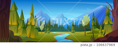 Summer landscape with mountains, forest and river. Summer landscape with mountains, forest and river. 106637969