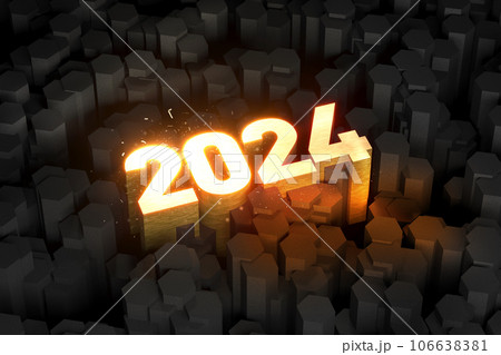 2024 glowing golden digits happy new year card with sparks and black color maze background design. 3d render 2024 glowing golden digits happy new year card with sparks and black color maze background design. 3d render 106638381