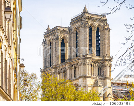 Notre-Dame Cathedral under construction after destroying fire on April 15, 2019. Paris, France. Notre-Dame Cathedral under construction after destroying fire on April 15, 2019. Paris, France. 106638498