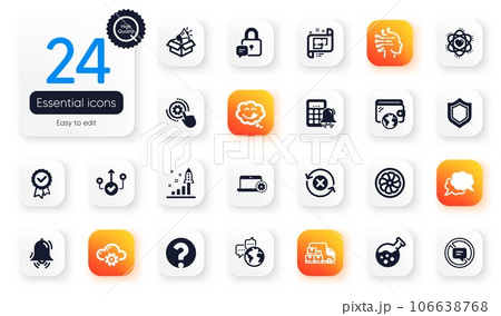 Set of Technology flat icons. Architectural plan, Reject refresh and Megaphone box elements for web application. Cloud computing, Chemistry lab, Yummy smile icons. Lock, Calculator alarm. Vector 106638768