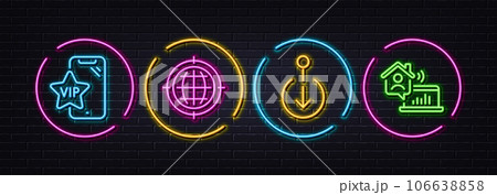 Seo internet, Vip phone and Scroll down minimal line icons. Neon laser 3d lights. Work home icons. For web, application, printing. Globe, Exclusive privilege, Swipe screen. Outsource work. Vector 106638858