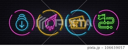 Scroll down, Ice cream and Boarding pass minimal line icons. Neon laser 3d lights. Travel path icons. For web, application, printing. Swipe screen, Sundae cone, Flight ticket. Flag pointer. Vector Scroll down, Ice cream and Boarding pass minimal line icons. Neon laser 3d lights. Travel path icons. For web, application, printing. Swipe screen, Sundae cone, Flight ticket. Flag pointer. Vector 106639057