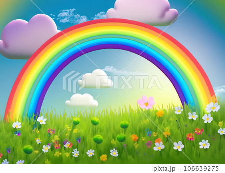 Nature and rainbow for international childrens day Flowers green grass rainbow clouds. Generative AI 106639275