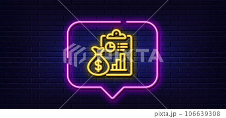 Neon light speech bubble. Report line icon. Accounting clipboard document sign. Budget info symbol. Neon light background. Report glow line. Brick wall banner. Vector Neon light speech bubble. Report line icon. Accounting clipboard document sign. Budget info symbol. Neon light background. Report glow line. Brick wall banner. Vector 106639308