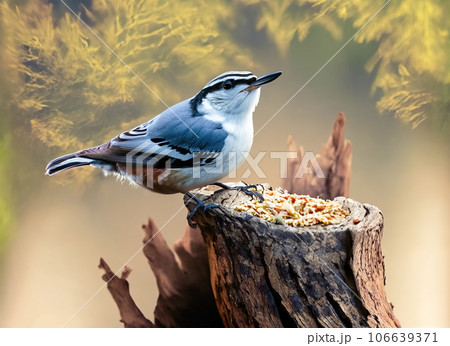 Nuthatch caching food in tree stump. Generative...のイラスト素材 [106639371 ...