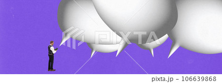 Banner. Contemporary art collage. Composite creative image of young business man, manager working with laptop, hold conferences, online training. 106639868