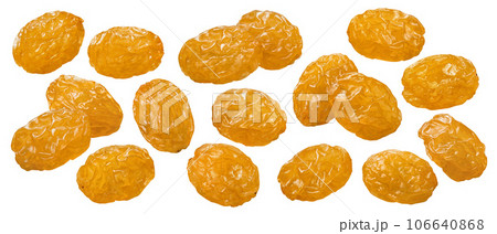 Yellow raisin set isolated on white background. Sultana berries 106640868