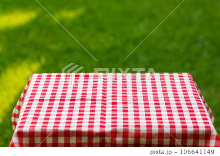 Empty garden table with lush backdrop 106641149