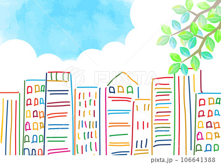 SDGs17色の街並み線画と樹木と青空 SDGs17色の街並み線画と樹木と青空 106641388