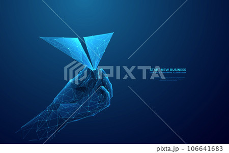 Close-up hand holding paper airplane on technology blue background. 106641683