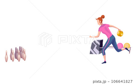 People play bowling game, side view. Woman playing bowling. Girl enjoy of game. Player entertainment activity. Vector illustration 106641827