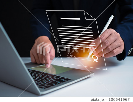 Businessman use electronic pen sign signature on electronic E-signing, data sheet document management, Electronic signature and paperless office concept. 106641967