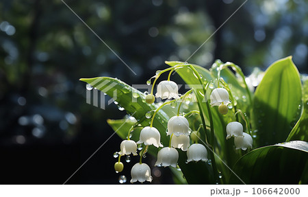 Lily of the valley or Convallaria flower closeup on blurred background. Beautiful Wide Angle Nature Spring Wallpaper. Panoramic Floral header Web banner with copy space for text 106642000