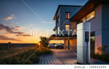 Generic electric vehicle EV hybrid car is being charged from a wallbox on a contemporary modern residential building house. technology of home charging for electric vehicles Generic electric vehicle EV hybrid car is being charged from a wallbox on a contemporary modern residential building house. technology of home charging for electric vehicles 106642049