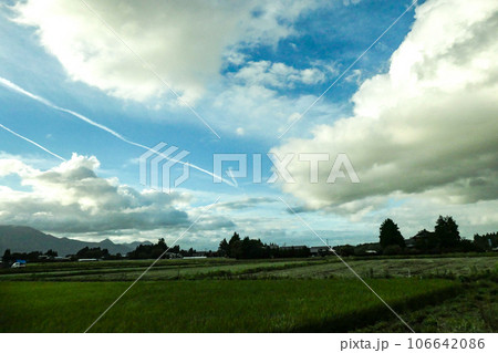 猛暑の屋敷森のある北上高地に広がる水田と青い空に白い雲 猛暑の屋敷森のある北上高地に広がる水田と青い空に白い雲 106642086