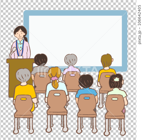 講演会をする保健師の女性と参加者の後ろ姿のイラスト 講演会をする保健師の女性と参加者の後ろ姿のイラスト 106642405