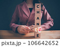 Businesswoman hand flipping wooden blocks with CHANGE to CHANCE text. Economy investment business crisis, technology transformation can make good chance, strategy, solution, positive thinking concept. Businesswoman hand flipping wooden blocks with CHANGE to CHANCE text. Economy investment business crisis, technology transformation can make good chance, strategy, solution, positive thinking concept. 106642652