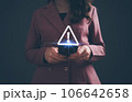 Businesswoman holding smartphone with triangle caution warning sign for notification error. Concept of virus detected, personal data protection, network security, maintenance. Businesswoman holding smartphone with triangle caution warning sign for notification error. Concept of virus detected, personal data protection, network security, maintenance. 106642658