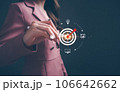 Businesswoman showing business process management icons. Concept of achieving business goal, strategic, planning, work performance is influenced by skills, abilities, competence. Businesswoman showing business process management icons. Concept of achieving business goal, strategic, planning, work performance is influenced by skills, abilities, competence. 106642662
