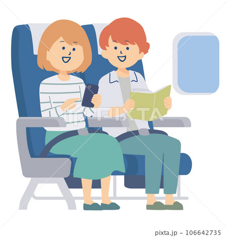 友達と飛行機の座席に座っている女性のイラスト 106642735