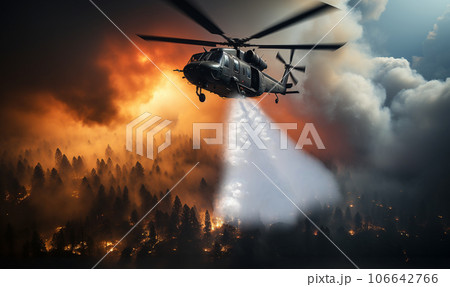 Fire fighting helicopter carry water bucket to extinguish the forest fire. Helicopter drops water on a forest fire. Aerial firefighting. Rescue helicopter Fire fighting helicopter carry water bucket to extinguish the forest fire. Helicopter drops water on a forest fire. Aerial firefighting. Rescue helicopter 106642766