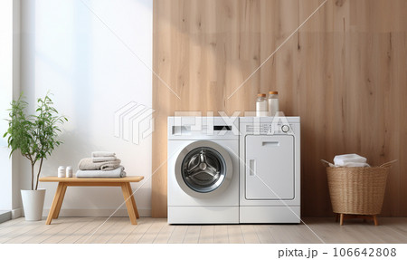 Stylish Laundry room interior. Modern washing machine and laundry basket near white wall indoors, space for text. Bathroom interior copy space. Scandinavian design 106642808