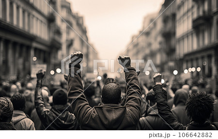 BLM raised fist for anti-racism protest against racial inequality. Black lives matter demonstration.Arms and fists raised in the air, protest and demonstration concept. copy space BLM raised fist for anti-racism protest against racial inequality. Black lives matter demonstration.Arms and fists raised in the air, protest and demonstration concept. copy space 106642882