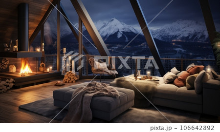 Interior of cozy living room in modern minimalist chalet with Christmas decor. Blazing fireplace, garlands and burning candles, comfortable cushioned furniture, panoramic windows with mountains view. Interior of cozy living room in modern minimalist chalet with Christmas decor. Blazing fireplace, garlands and burning candles, comfortable cushioned furniture, panoramic windows with mountains view. 106642892
