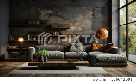 Interior of cozy minimalist living area in modern luxury cottage. Stone wall, comfortable corner sofa with cushions, rough wooden coffee table. Panoramic window with forest view. Eco home design. 106642991
