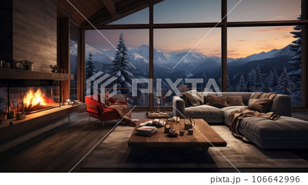 Interior of cozy living room in modern minimalist chalet with Christmas decor. Blazing fireplace, garlands and burning candles, comfortable cushioned furniture, panoramic windows with mountains view. 106642996