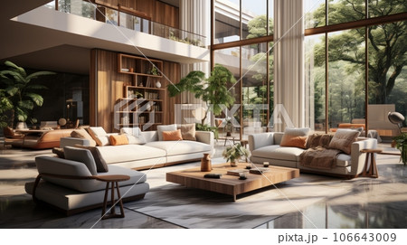 Interior of modern eclectic living area in luxury open to below cottage. Stylish cushioned furniture, coffee table, bookcases, dining area, panoramic windows. Contemporary home design. 106643009